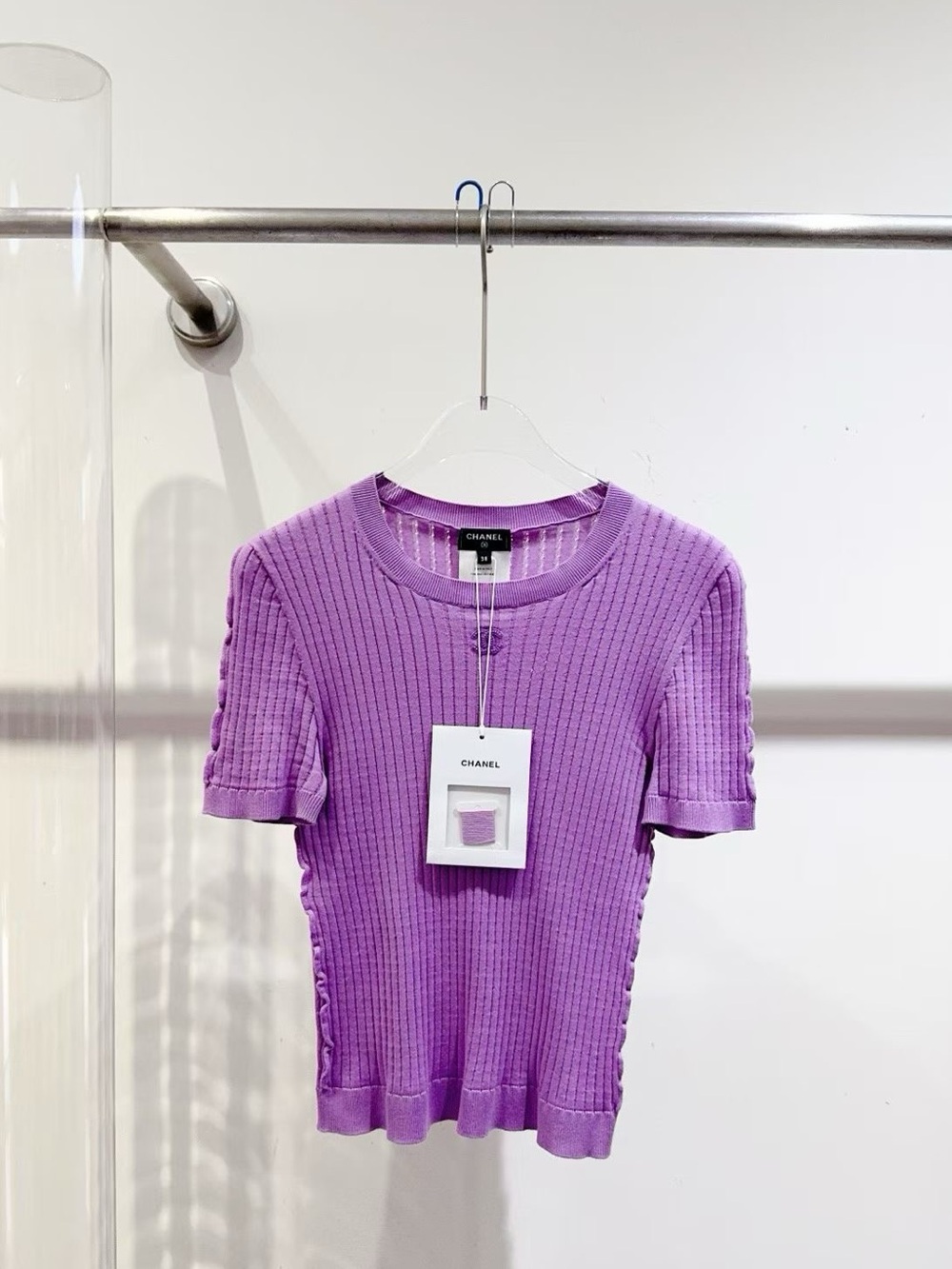 CHANEL Lilac Ribbed Short-Sleeve Knit Top
